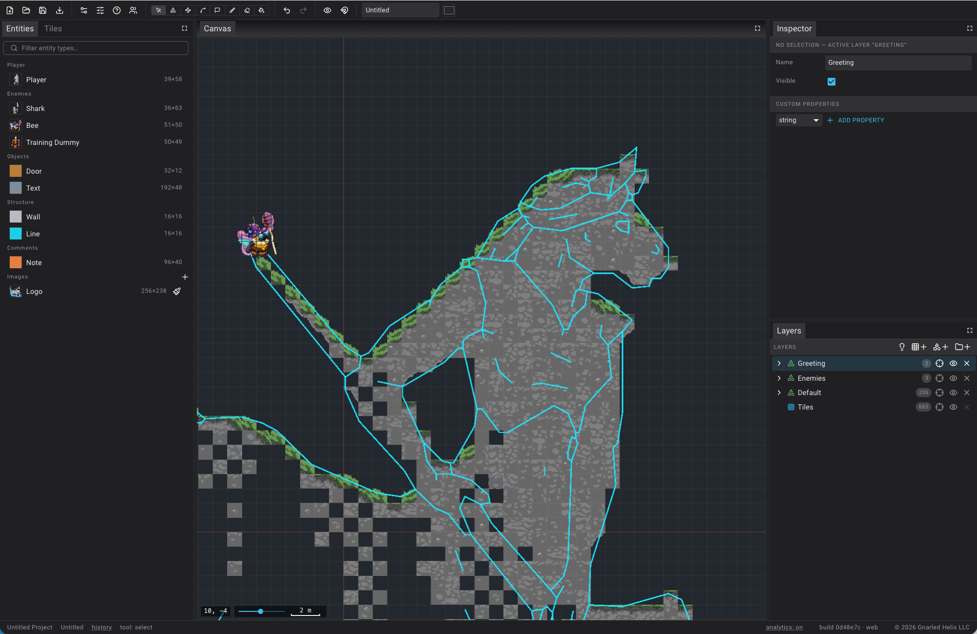The Tauric Studio editor: an entity palette on the left listing a
player, enemies and objects, a canvas where a level is being drawn as
cyan outlines over tiles, and inspector and layer panels on the right.