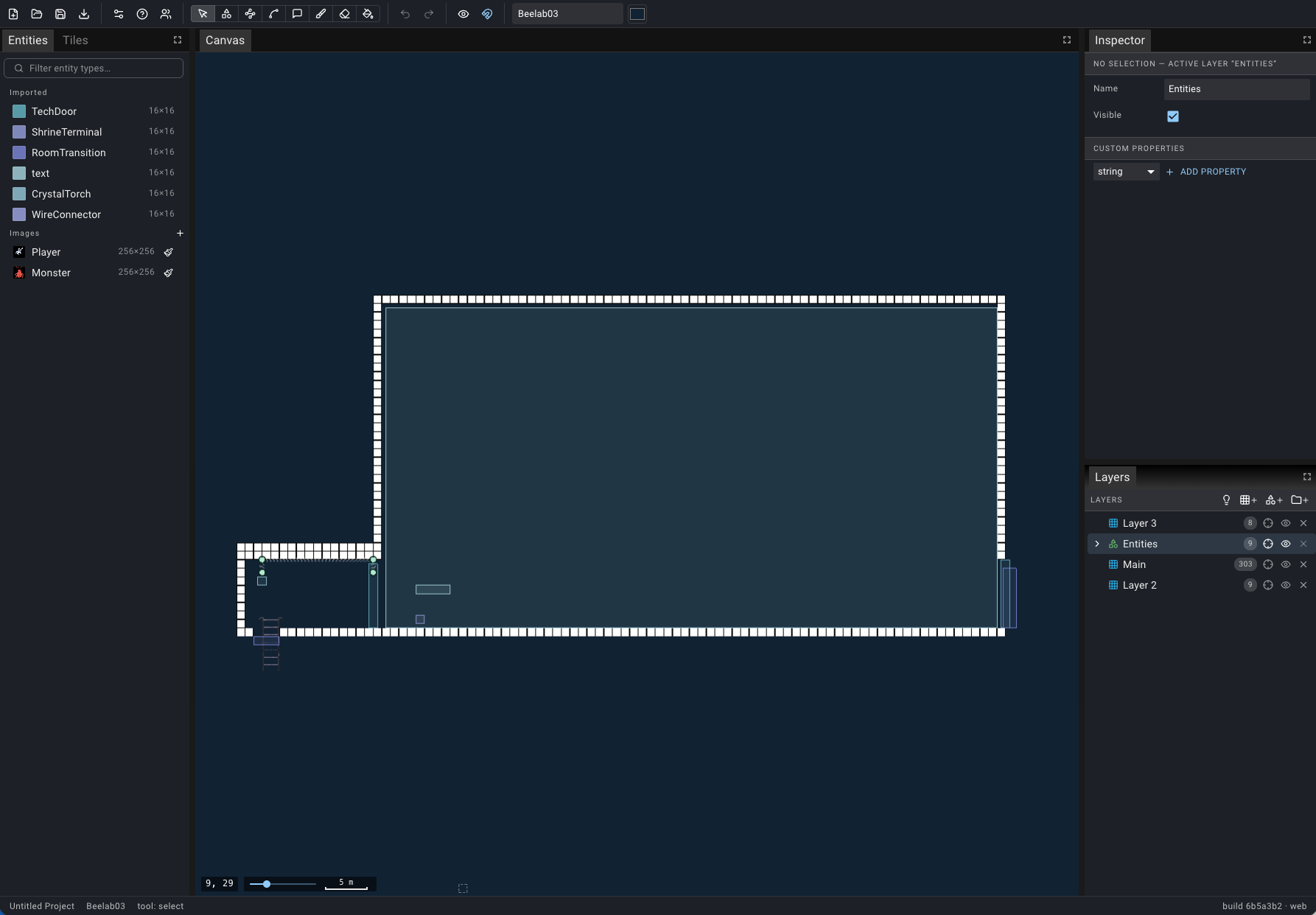 The Tauric Studio map editor, with a level open and its layer and entity panels visible.