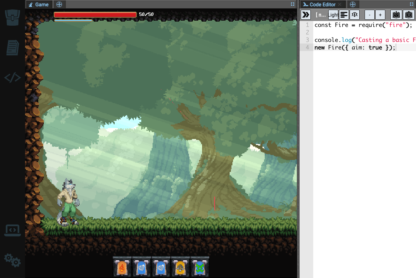 Open Sourcerer running beside its in-game code editor. The editor holds four lines of real JavaScript that require a fire module and construct a Fire spell with aim enabled; the game panel shows the player standing in a forest level with a spell hotbar along the bottom.