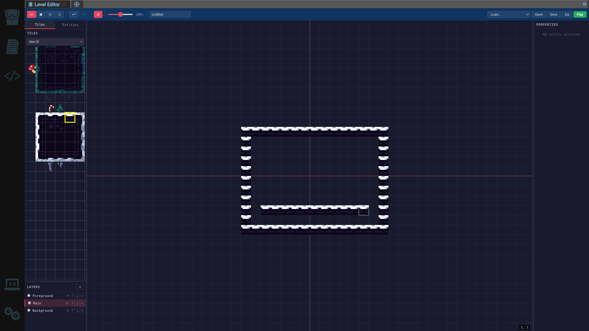 Open Sourcerer's built-in level editor. A tile palette and an Entities tab sit on the left, a layer list naming Foreground, Main and Background sits below it, and the canvas shows a rectangular room painted in tiles with a platform across the middle.