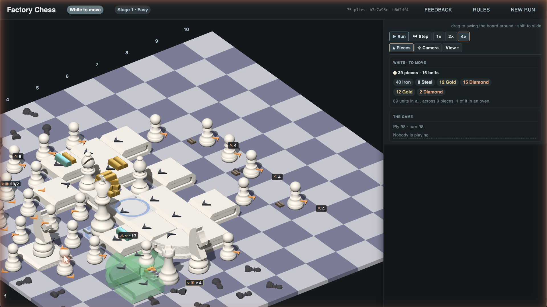 Factory Chess mid-run: the game's top bar and resource
                  panel around a board where conveyor belts and gold ingots
                  weave between the pieces.