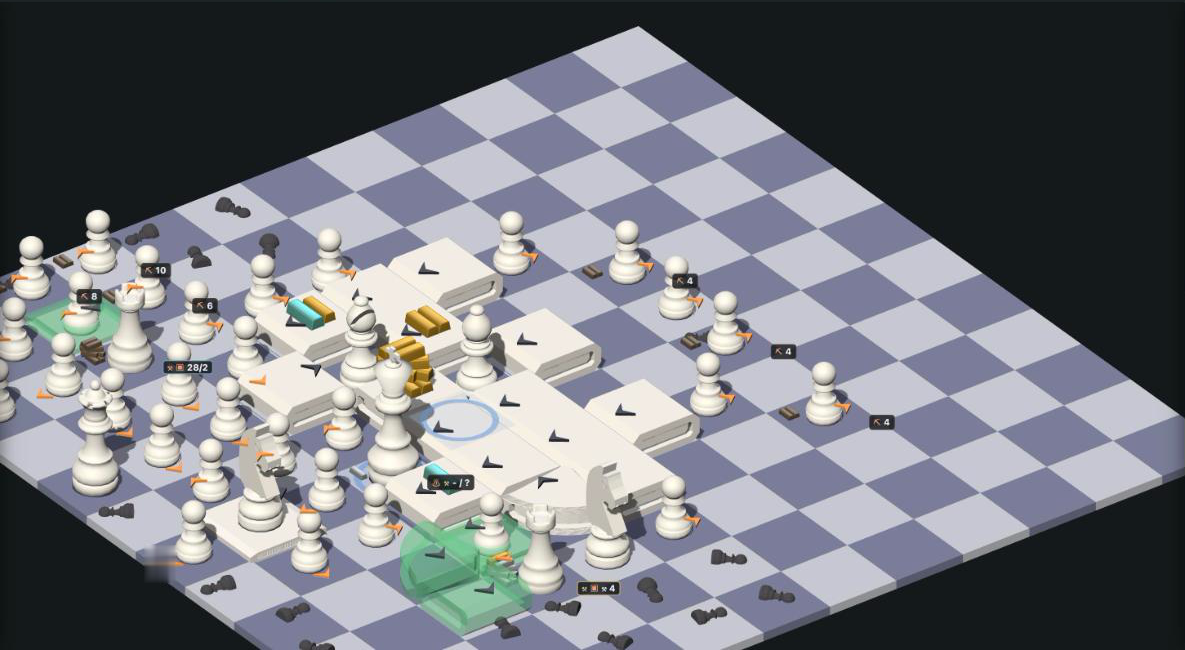 A Factory Chess board without interface chrome: white
                  processing blocks and belts carrying gold through both
                  armies.